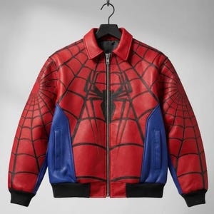 May include: Red and black leather jacket with a Spider-Man design. The jacket features a full-zip closure, blue side panels, and black ribbed cuffs and hem. The design includes a spiderweb pattern and a spider emblem on the chest.