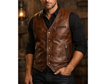 Men’s Brown Vest Handmade Genuine Leather Waistcoat Vintage Biker Western Style Vest for Men