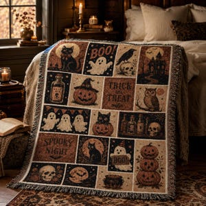 Halloween Quilt Woven Blanket, Pumpkin Cute Ghost Throw Trick or Treat Rustic Autumn Patchwork Decor Spooky Season Witchy Gift for Cat Lover