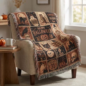 Halloween Quilt Woven Blanket, Pumpkin Cute Ghost Throw Trick or Treat Rustic Autumn Patchwork Decor Spooky Season Witchy Gift for Cat Lover