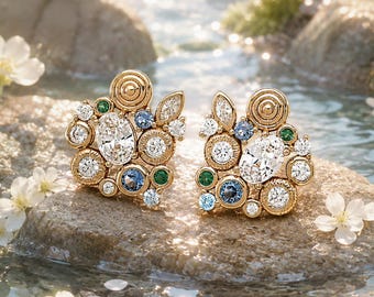 Gold Cluster Earrings Sterling Silver Crystal Studs Floral Earrings