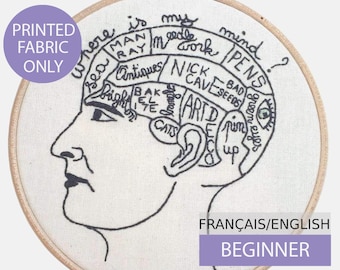 Moderne Stickmuster, vorgedruckt auf Stoff, Anleitung in Englisch oder Französisch. Phrenologie Kopf. Handstickerei. Anfänger
