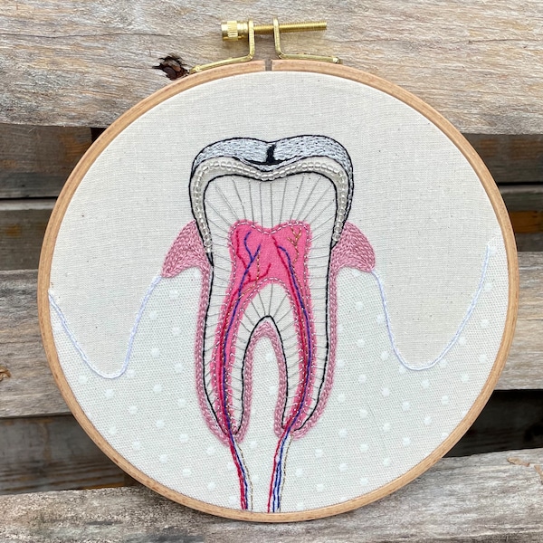 PEARLY TOOTH Modern Embroidery Pattern, Pre-printed on fabric, Tutorial in English. Intermediate level