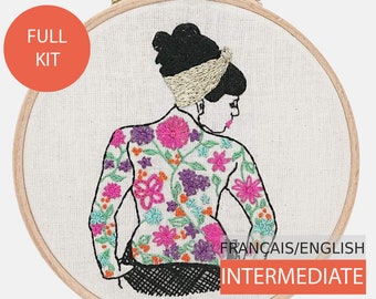Modern Embroidery Kit, DIY kit, Hand embroidery pattern - Tutorial in English or in French. Spring Tattooed Lady, intermediate level
