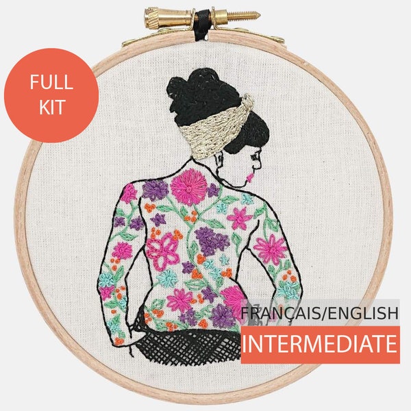Modern Embroidery Kit, DIY kit, Hand embroidery pattern - Tutorial in English or in French. Spring Tattooed Lady, intermediate level