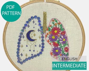 Modern Embroidery Pattern & Tutorial (PDF file, in English), instant download. Breathe in, Breathe out, Hand embroidery. Intermediate level