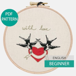 Modern Embroidery Pattern & Tutorial (PDF file, English), instant download. Love Swallows. Hand embroidery. Beginner level.