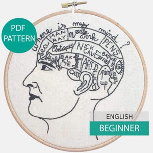 Modern Embroidery Pattern & Tutorial (PDF file, in English), instant download. The Phrenology Head (to customize) - Beginner hand embroidery