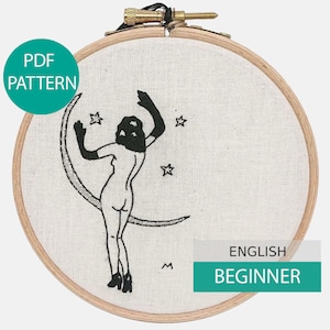 Modern Embroidery Pattern & Tutorial (PDF file, in English), instant download. Rita the Moon and the Stars. Hand embroidery. Beginner