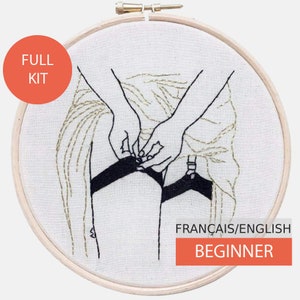 Modern Embroidery Kit, DIY kit, Hand embroidery pattern - Tutorial in English or in French. She Pulls her Stockings on. Beginner