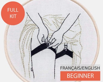 Modern Embroidery Kit, DIY kit, Hand embroidery pattern - Tutorial in English or in French. She Pulls her Stockings on. Beginner
