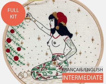 Modern Embroidery Kit, DIY kit, Hand embroidery pattern - Tutorial in English or in French. Winter Tattooed Lady. Intermediate Level.