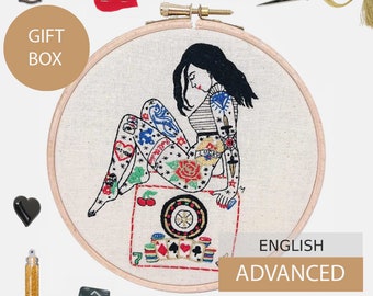 Modern Embroidery Gift Box with scissors and Goodies, Hand embroidery pattern, Tutorial in English.The Gambler Tattooed Lady. Advanced level