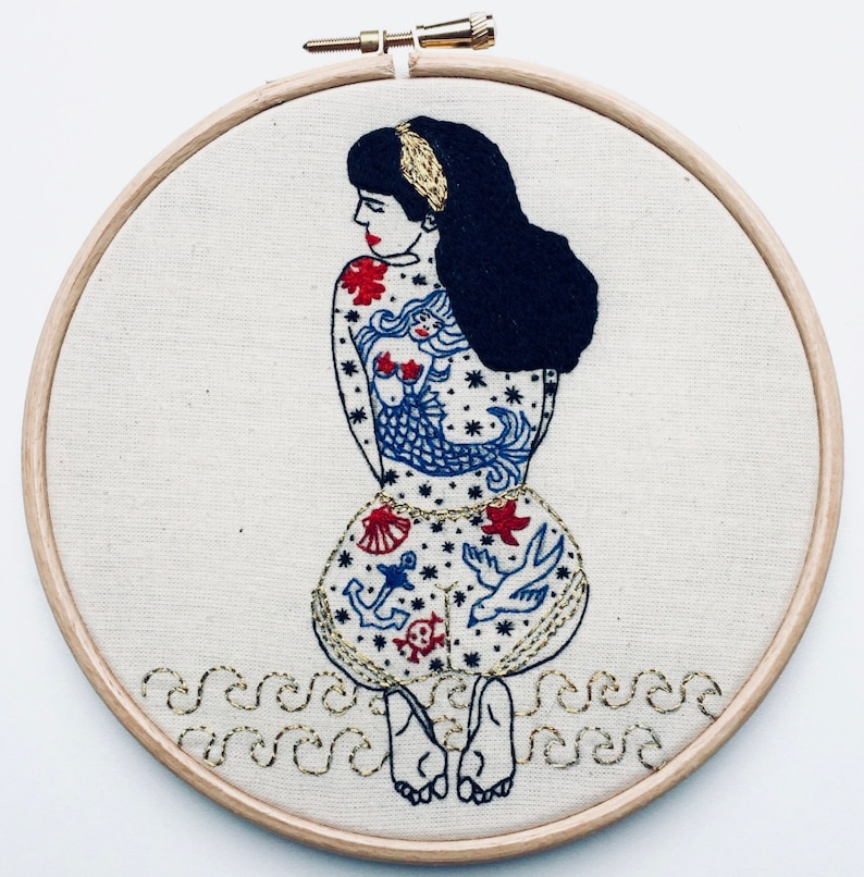 Modern Embroidery Kit, DIY kit, Hand embroidery pattern Tutorial in English or in French. Summer Tattooed Lady. Intermediate Level. image 8