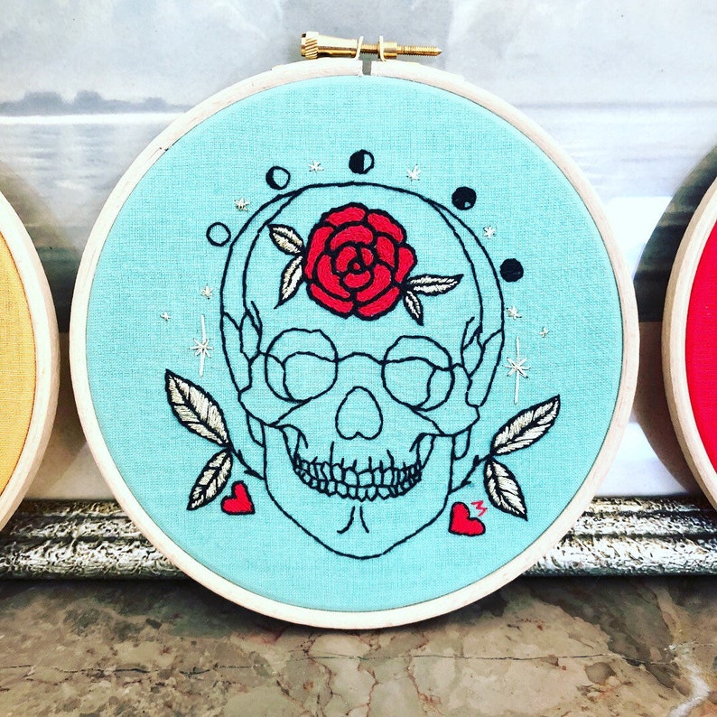 Gift box of 3 Modern EMBROIDERY KITS Jaw with Baby Breath Anatomy and Botanic Triptych Skull with Rose Rib Cage with Water lily