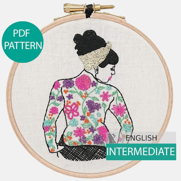 Modern Embroidery Pattern & Tutorial (PDF file, in English), instant download. Spring Tattooed Lady, Hand embroidery intermediate level