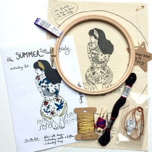 Modern Embroidery Kit, DIY kit, Hand embroidery pattern Tutorial in English or in French. Summer Tattooed Lady. Intermediate Level. image 4