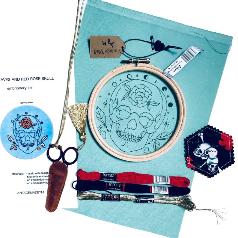 Red rose Skull Gold leaves full needlework paraphernalia with gorgeous scissors and a needle minder Modern EMBROIDERY KIT Gift Box