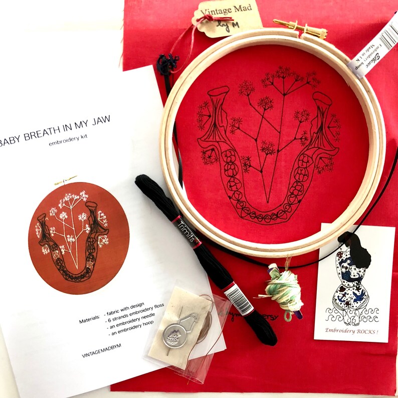 Gift box of 3 Modern EMBROIDERY KITS Jaw with Baby Breath Anatomy and Botanic Triptych Skull with Rose Rib Cage with Water lily
