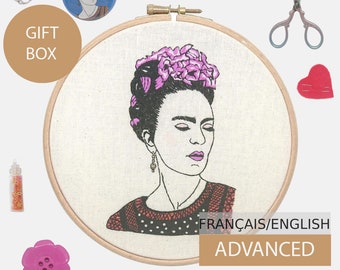 Moderne Embroidery Geschenkbox, Diy kit, Handstickmuster - Anleitung auf Englisch oder Französisch. Frida, du bist magisch! Fortgeschrittenes Level