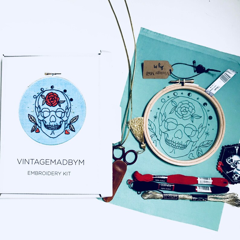 Red rose Skull Gold leaves full needlework paraphernalia with gorgeous scissors and a needle minder Modern EMBROIDERY KIT Gift Box