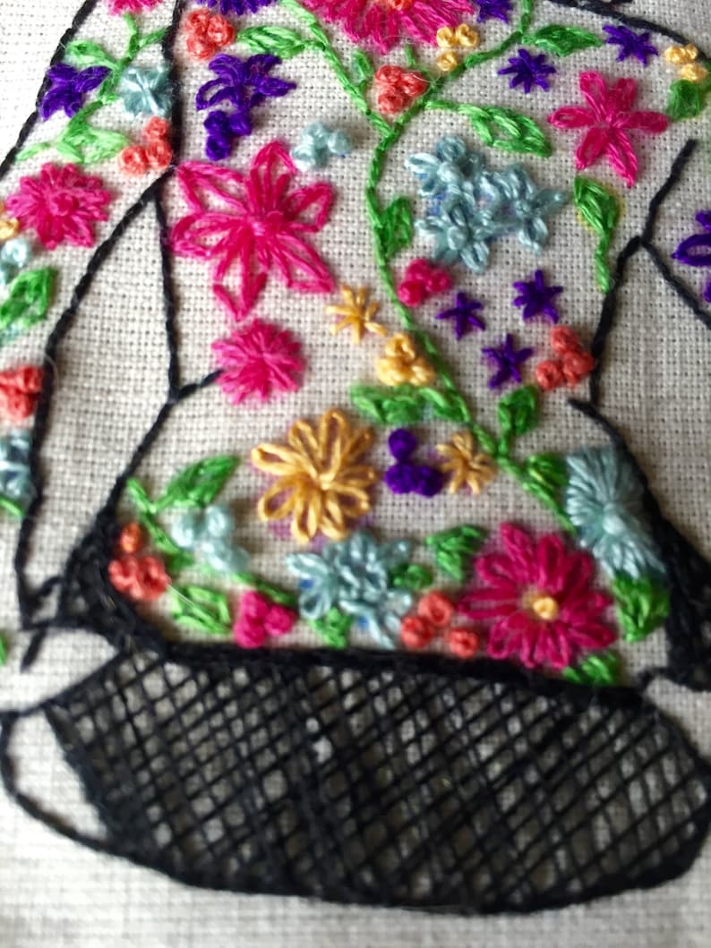 May include: Embroidered floral design on a white fabric background. The design features a variety of flowers in pink, yellow, blue, purple, and green. The flowers are arranged in a random pattern and are surrounded by green leaves. The design is outlined in black thread.