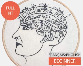 Modern Embroidery Kit, Diy kit, Beginner Hand embroidery pattern - Tutorial in English or in French, Phrenology Head to Customize