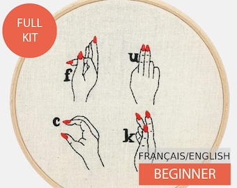 Modern Embroidery Kit, DIY kit,  Hand embroidery pattern - Tutorial in English or in French.  F........ Word Sign Language. Beginner