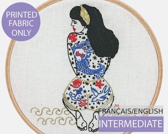 Modern Embroidery Pattern, Pre-printed on Fabric with tutorial (in English or French). Summer Tattooed Lady, Hand embroidery. Intermediate