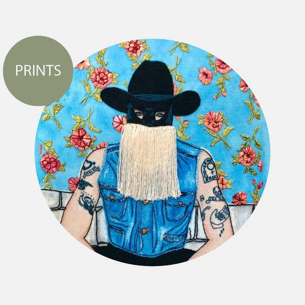 Orville Peck Art Print of my Hand Embroidery, with an optionnal hand embroidery touch for the fringes, in A4 or A5