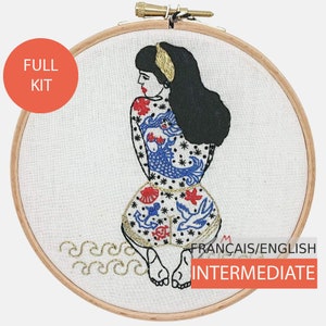 Modern Embroidery Kit, DIY kit, Hand embroidery pattern Tutorial in English or in French. Summer Tattooed Lady. Intermediate Level. image 1