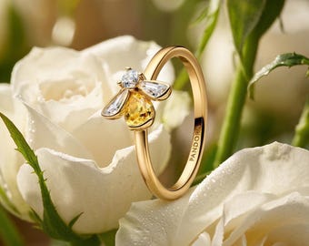 Honey Bee Ring with Yellow Gemstone, Adjustable Nature Inspired Band for Women