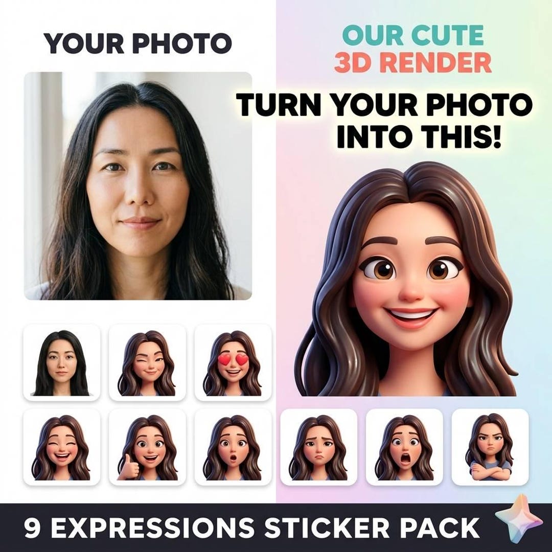 3D Avatar Sticker Pack | Custom Pixar-style Portrait Prompt (instant ...