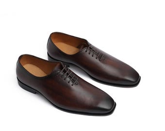 Men's Brown Leather Oxford Brogue Shoes, Handmade Lace-Up Dress Shoes, Classic Formal Wedding Footwear