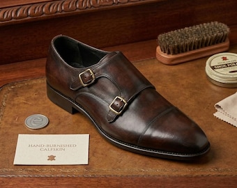 Men's Dark Brown Leather Double Monk Strap Shoes, Bespoke Dress Footwear
