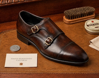 Men's Dark Brown Leather Double Monk Strap Shoes, Bespoke Dress Footwear