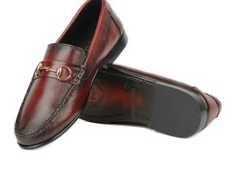 Handmade Burgundy Leather Horsebit Loafers for Men, Luxury Slip On Dress Shoes, Classic Moc Toe Formal Footwear, Wedding Groom Shoes