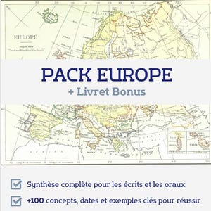 May include: A vintage map of Europe with the text "PACK EUROPE + Livret Bonus". The image includes a detailed map and text in French, with checkmarks and additional text. The top of the image has the text "Admise à HEC Paris".