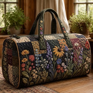 May include: A quilted duffel bag with a floral design. The bag features a patchwork pattern in various colors, with embroidered flowers in shades of yellow, red, purple, and blue. The handles are dark green with embroidered floral accents.