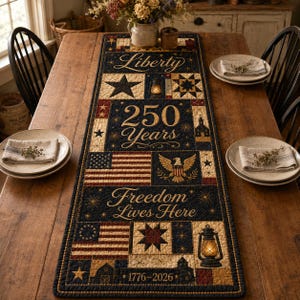 May include: A patriotic table runner with a quilted design featuring the text "Liberty" and "Freedom Lives Here." The runner displays American flags, stars, an eagle, and the text "250 Years" and "1776-2026" in a navy, tan, and red color scheme.