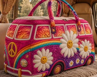 Quiltad campingväska, retro weekendväska med Daisy-motiv, gymväska med fredstecken från 70-talet