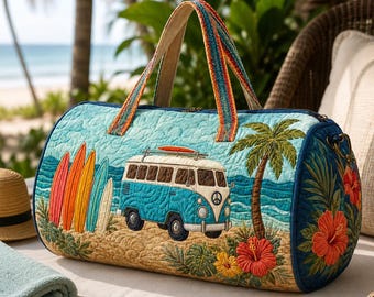 Quilted Duffel Bag, Camper Van Surfboard Tropical Weekender Travel Bag