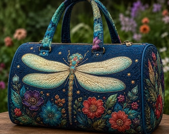 キルティング加工のトンボ柄ダッフルバッグ、遊び心のある花柄ウィークエンダートラベルバッグ