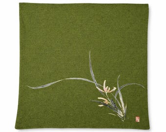 Vintage Japanese Furoshiki, Hand-Painted Orchid, Matcha Green Crepe Wrapping Cloth (25x25")
