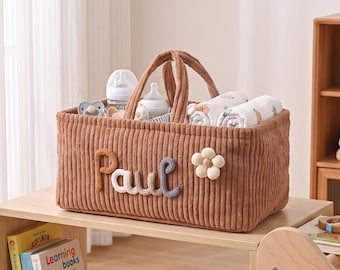 Personalized Corduroy Baby Gift Basket with Handle - Knitted Wire Art Baby Storage Basket-Sweet Decorative Gift for Baby Shower & Nursery