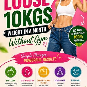 Puede incluir: Infografía de pérdida de peso con el texto «Cómo PERDER 10 KG en un mes sin gimnasio». Presenta a una mujer con top blanco y vaqueros, e iconos de alimentación saludable, hidratación, déficit calórico, reducción del estrés y sueño.