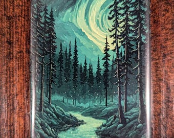 オーロラの森のマグネット、北極光の川の風景の冷蔵庫用マグネット、自然の装飾