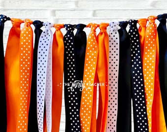 Halloween Ribbon Garland: Orange, Black, and Polka Dot Bunting, Spooky Decor Photo Prop