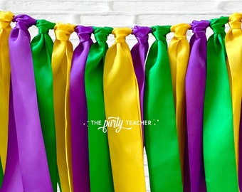 Mardi Gras Ribbon Bunting: Purple, Green, Yellow Satin Party Garland, Decor, Banner, Photo Prop