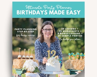 May include: A woman smiles and holds a white cake with a gold number 12 on top. The cake is on a white cake stand. The cake is surrounded by a table setting with a blue and white tablecloth, white flowers, and a hay bale. The text on the image reads "Ultimate Party Planner Birthdays Made Easy Party Planning Step-by-Step for busy moms 20 Lessons + 19 Worksheets + 9 Bonus Lessons + 29 Sample Parties to help you plan THE party TEACHER".
